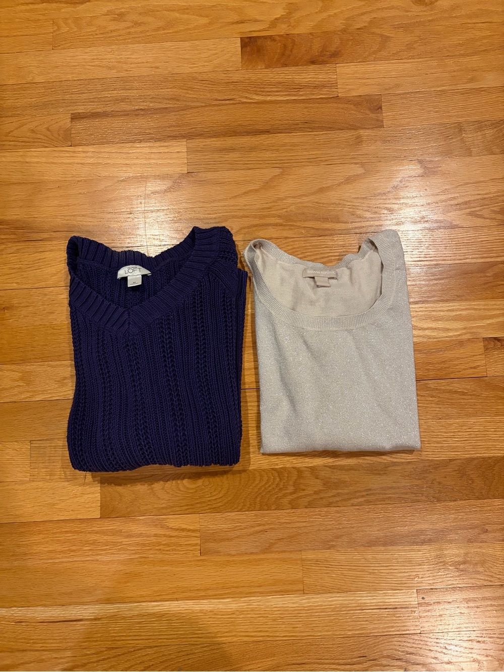 LOFT Deep Navy Ribbed V‑Neck Sweater, Banana Republic Silver sweater - Medium